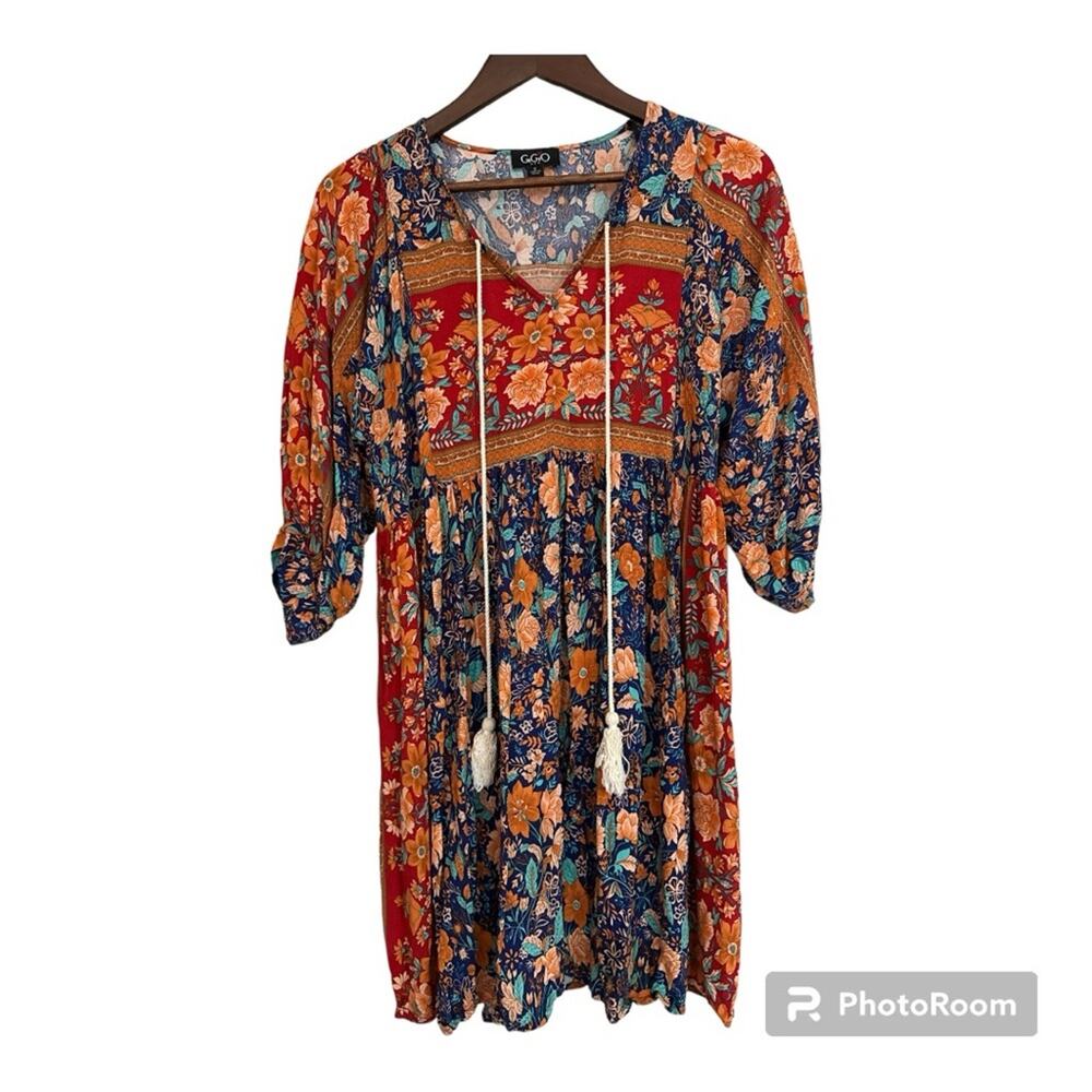 Gigio Women’s Boho Style Dress Floral Print Flowy Lightweight Drawstring Blue S